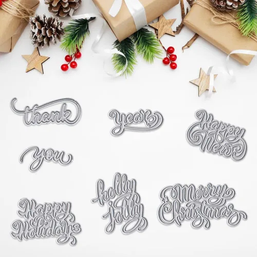 Miniatura 4 de ABTOLS 7 piezas de palabras navideñas Thinlits troqueladas de palabras navideñas en relieve, troqueles de corte de metal de acero al carbono