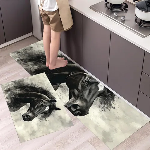 Miniatura 6 de Juego de 2 piezas de tapetes de cocina, estilo retro abstracto negro Horsetapete para antifatiga, tapetes de interior, oferta para decoración