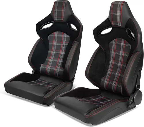 IKON MOTORSPORTS, Asiento universal de carreras PU + cuero de carbono + gamuza, con deslizadores dobles, asiento deportivo reclinable negro con