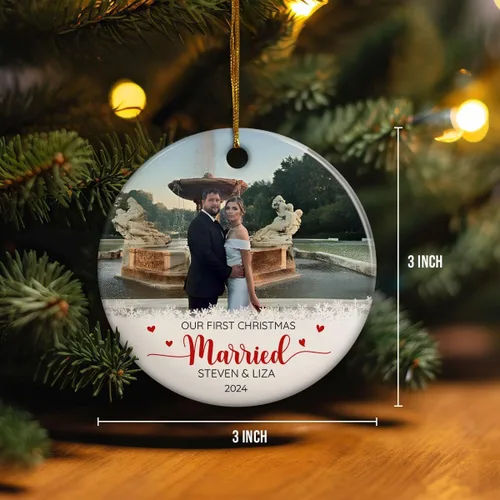 Miniatura 4 de Adorno personalizado de primera Navidad para casados, adornos de cerámica de Navidad con foto foto boda matrimonio nombre personalizado recuerdo 1ª