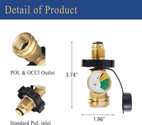 Miniatura 2 de Adaptador de tanque de propano de 100 libras con medidor de propano, ajuste universal POL, convierte POL a QCC1, latón macizo
