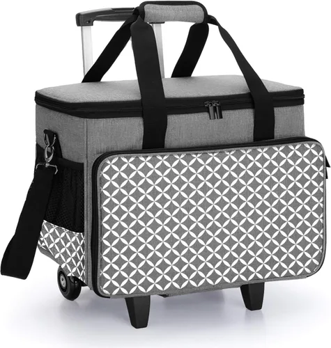 Miniatura 14 de Yarwo Funda de transporte mejorada para máquina de coser con ruedas, bolsa de mano desmontable con tabla inferior extraíble y pata de remolque Morado