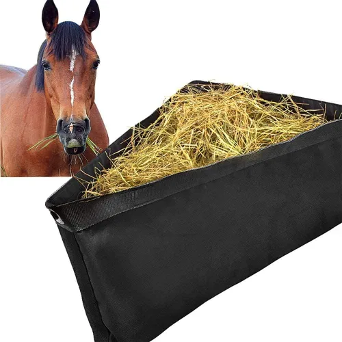 Asooll Comedero de esquina para caballos, bolsa de heno de gran capacidad, con parte inferior de malla y broches para caballo, color negro