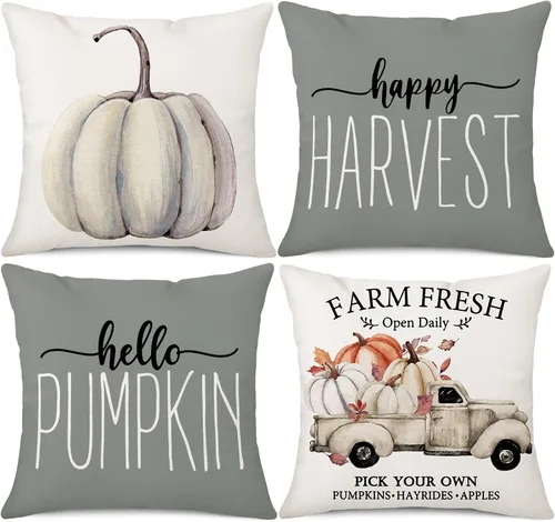 Fundas de Almohada Decorativas de Otoño 18x18 Pulgadas Juego de 4 para Decoración de Otoño Calabaza Gris Camión Feliz Cosecha Granja Decorativas de