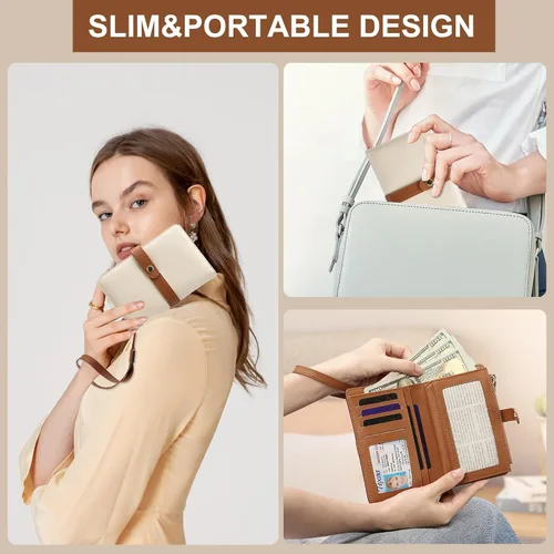 Miniatura 6 de Cartera pequeña para mujer, con bloqueo RFID, de piel vegana, delgada, plegable, para tarjetas de crédito, portapasaporte, cartera de viaje