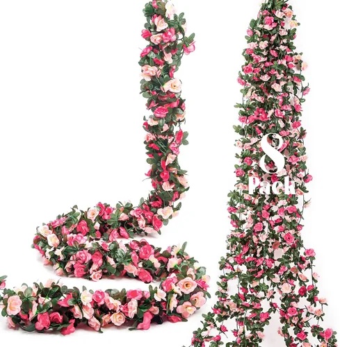 Miniatura 15 de Miracliy 8 guirnaldas de flores rojas de 66 pies, rosas artificiales de color naranja, guirnalda de flores falsas de primavera para telón de fondo