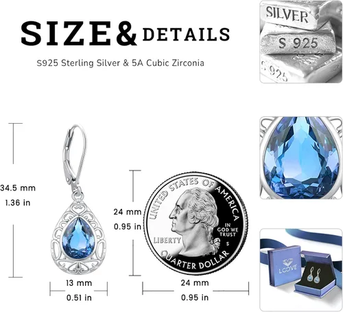 Miniatura 44 de Aretes colgantes de plata de ley con diseño de árbol de la vida, flor, abeja, animales, gato, colibrí, piedra lunar, turquesa, aretes con cierre