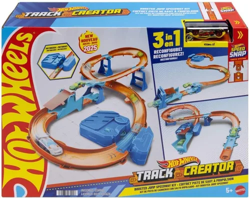 Hot Wheels Juego de pistas de coche de juguete, caja de construcción Deluxe con refuerzo motorizado, vehículo a escala 1:64, pista Speed Snap,