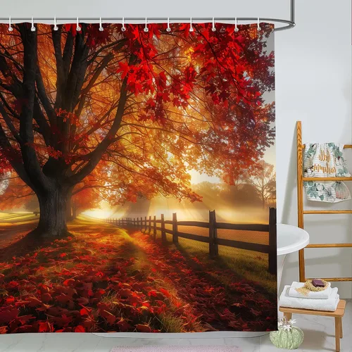 Miniatura 25 de Cortina de ducha de otoño, decoración de baño de árbol de calabaza, 72 x 72 pulgadas, tela de poliéster, cortina de baño impermeable con 12 ganchos
