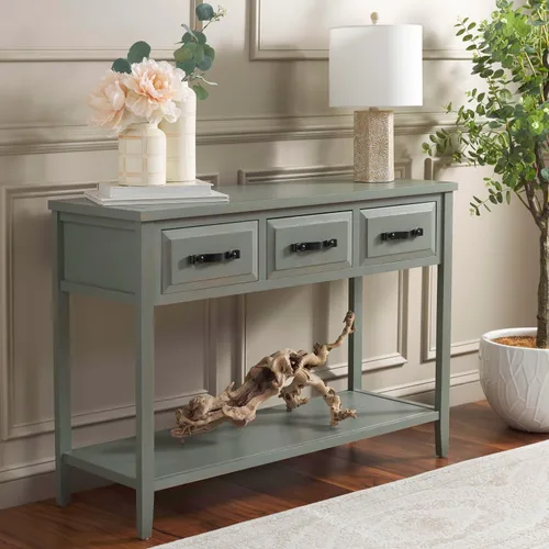 Miniatura 2 de Safavieh colección americana para el hogar Earley Mesa consola de tres cajones Color Negro Envejecido Y Nogal, Madera de olmo, Gris (French Grey)