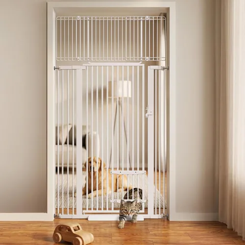 Miniatura 8 de Puerta extra alta para gatos de 55.11 pulgadas, puerta de 29.5-40.6 pulgadas de ancho con puerta pequeña para gatos, puerta de seguridad para Blanco