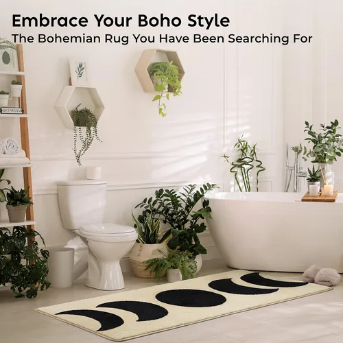 Miniatura 6 de Alfombra de baño Half Moon de 52.5 x 20.5 pulgadas, antideslizante, absorbente de agua, con diseño bohemio de brujería de fase lunar, color negro
