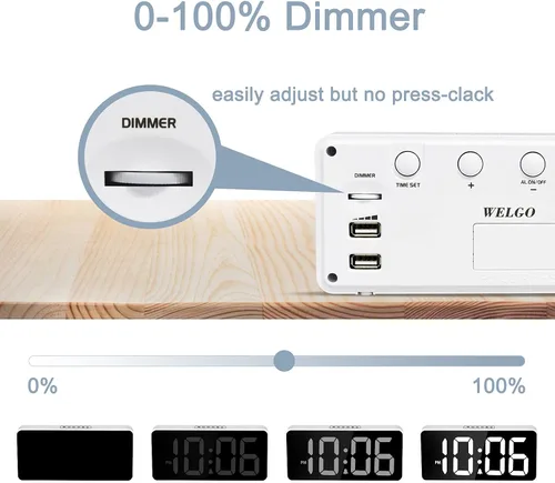Miniatura 4 de Welgo Reloj despertador de número grande de 7.5 pulgadas para personas mayores y niños, 0-100% brillo y volumen ajustables, puerto de carga USB