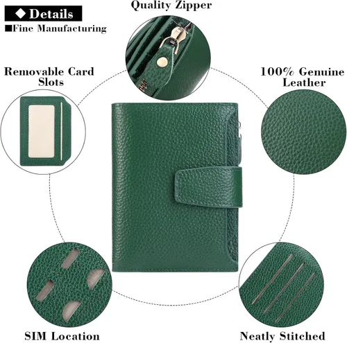 Miniatura 5 de FALAN MULE Cartera pequeña para mujer, de piel auténtica, plegable, compacta, con bloqueo RFID, pequeña cartera para mujer, Manzana Verde