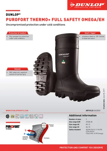 Miniatura 8 de Dunlop E65203308 Purofort Thermo+ - Bota de protección contra el frío OmegaEH, plantilla premium, aislamiento frío de -58 F, puntera de acero