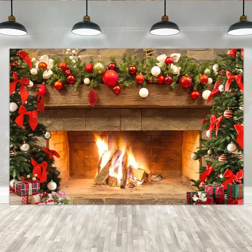 Miniatura 8 de Lofaris Telón de fondo de chimenea de Navidad de 5 x 3 pies, diseño vintage de árbol de fuego, medias rojas, regalos de fondo de fotografía