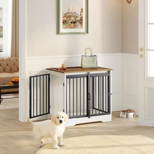 Miniatura 8 de Hzuaneri Mueble de jaula para perros de 27.2 pulgadas con puerta de granero, perrera resistente para interiores con 2 puertas, mesa auxiliar