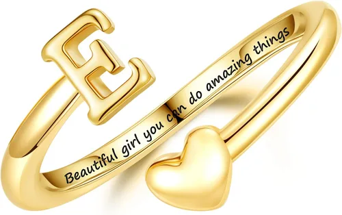 Miniatura 11 de Turandoss Regalos para el día de San Valentín para adolescentes, anillos de oro para niños, chapados en oro de 14 quilates con inicial para letra A