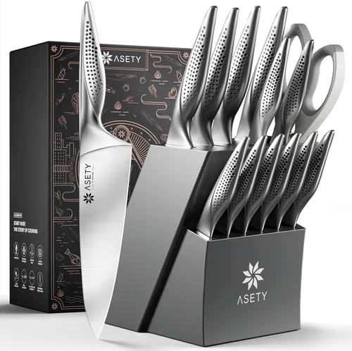 Miniatura 12 de Juego de cuchillos de cocina con bloque - Juego de 15 cuchillos con afilador incorporado, apto para lavavajillas, cuchillos de cocina de acero