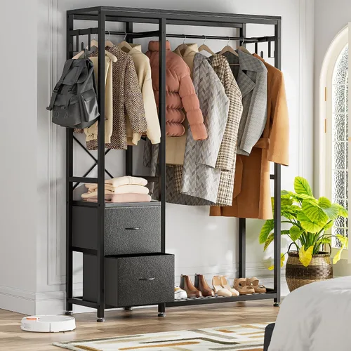 Miniatura 8 de Lulive - Perchero de ropa, estante resistente para colgar ropa, estantes industriales para ropa con 2 cajones de tela, 4 ganchos, 2 varillas