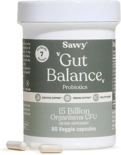 SAVVY Probióticos de equilibrio intestinal para mujeres y hombres, 15 mil millones de UFC, 7 cepas clínicamente estudiadas, salud digestiva, apoyo