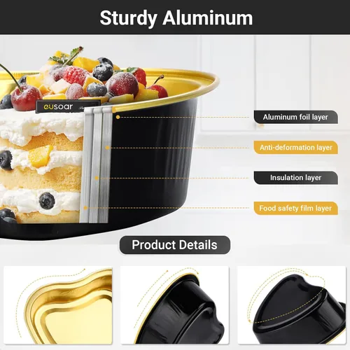 Miniatura 3 de EUSOAR Moldes para hornear en forma de corazón, de papel de aluminio, de 3.4 onzas, con tapas, aperitivos, postres, flan, cupcakes, tartas, ramekin