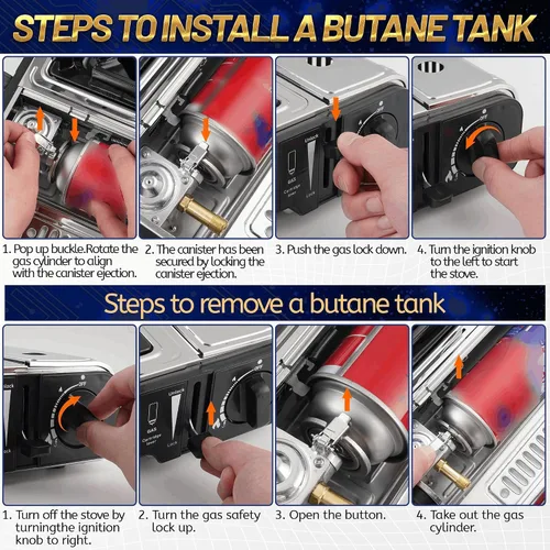 Miniatura 6 de GasBRUH Estufa de propano o butano con bloqueador de viento, doble combustible de 10,000 BTU Estufa de propano de acero inoxidable para acampar