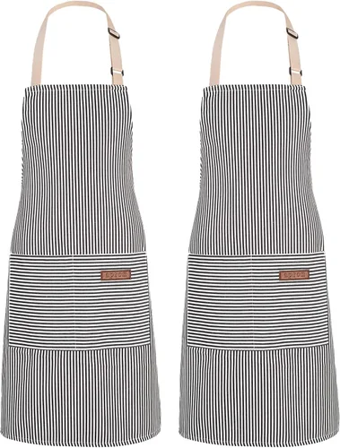 Miniatura 10 de Paquete de 2 delantales de cocina ajustables para mujeres y hombres con 2 bolsillos, delantales con peto de mezcla de algodón y poliéster
