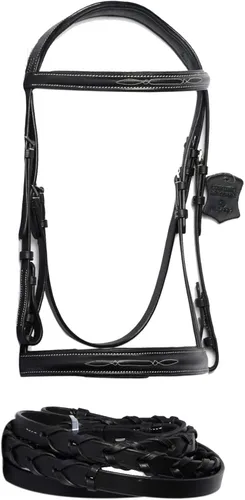 Wonder Care Brida inglesa de cuero de vaca de grano superior para caballos, brida de caballo con banda, brida de caballo con riendas y bridas para