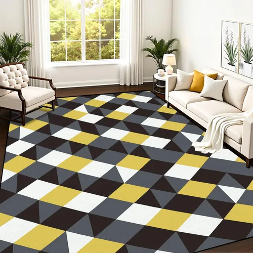 Alfombra abstracta retro con formas geométricas coloridas, amarillo, gris, negro y blanco, alfombra de juego para exteriores, alfombra de juego
