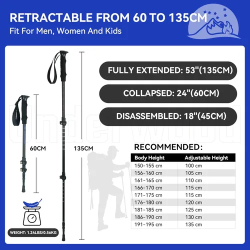 Miniatura 6 de Bastones de senderismo plegables – Paquete de 2 bastones de senderismo ajustables de aluminio, bastones ligeros para mujeres, hombres, personas Negro