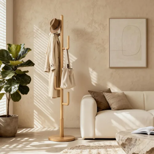 Miniatura 8 de Perchero independiente de madera maciza de cactus con 6 ganchos en forma de L y 3 tamaños ajustables, perchero para dormitorio, entrada, sala