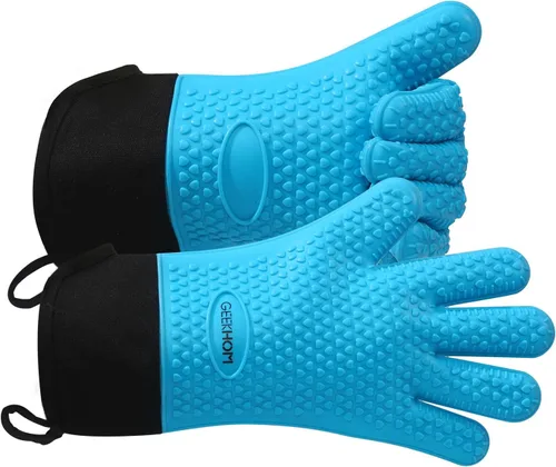 Miniatura 14 de GEEKHOM Guantes de Barbacoa Resistentes al Calor Manoplas de Horno - Guantes de Silicona para Parrilla con Protección de Brazo de 13.7" - Agarrador