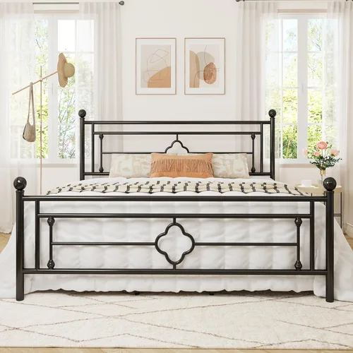 Miniatura 19 de Allewie Base de cama de plataforma de metal tamaño King con cabecero y pie de cama vintage victoriano/base de colchón/almacenamiento debajo