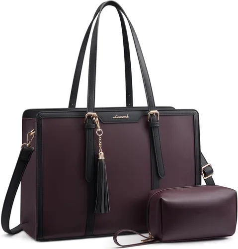 Miniatura 17 de LOVEVOOK Bolsa para laptop para mujer, bolsa de lona ligera de 15.6 pulgadas, bolsa grande para computadora, con bolso de mano, para negocios, Beige