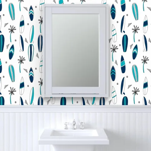 Miniatura 9 de Spoonflower Papel tapiz para despegar y pegar - Tabla de surf Tropical Verano Azul marino Blanco Playa Azul Papel pintado extraíble personalizado