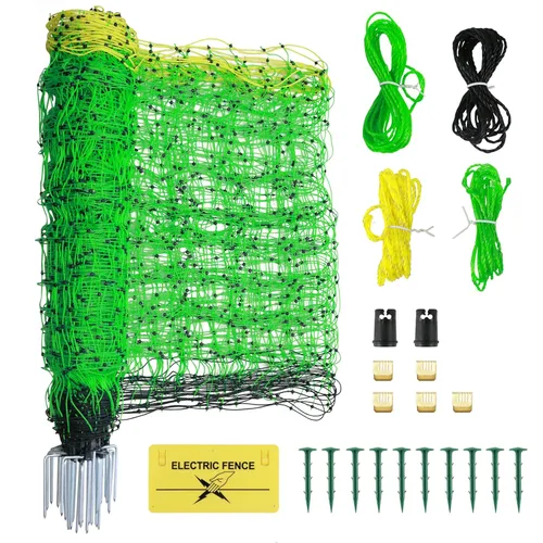 Red eléctrica para cerca, red eléctrica para aves de corral de 35.5 pulgadas x 164 pies con postes de fibra de vidrio y estacas de doble pincho,