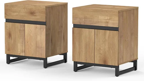 Miniatura 8 de WAMPAT Mesa auxiliar moderna con 1 cajón y 1 armario de almacenamiento, mesa auxiliar de granja con 2 puertas abiertas, mesita de noche rústica