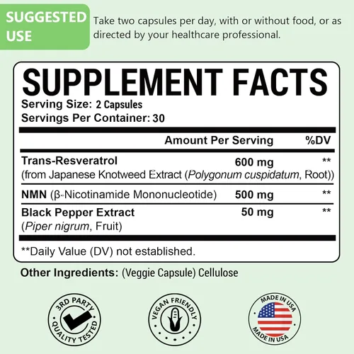 Miniatura 9 de 99% Ultra Pureza NMN 500 mg + Trans-Resveratrol 600 mg, 1150 mg NMN Resveratrol Suplemento, Fórmula Avanzada 3 en 1 para Boost* NAD, Célula, Inmune