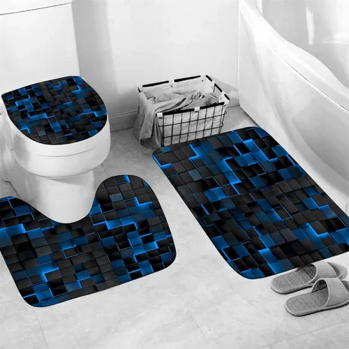 Miniatura 5 de LQCOOL Juego de 4 piezas de cortina de ducha azul con cubos 3D, juegos de baño, juego de cortina de ducha moderna para juegos de baño con alfombras