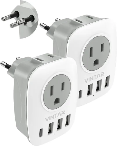 Miniatura 15 de Paquete de 2 adaptadores de enchufe de viaje europeo, VINTAR Adaptador de enchufe de alimentación internacional con 1 USB C, 2 salidas americanas