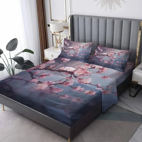 Miniatura 8 de Z9-&-189 - Juego de sábanas de 3 piezas con estampado de flor de cerezo en flor de cerezo, sábana bajera ajustable de microfibra suave con bolsillo