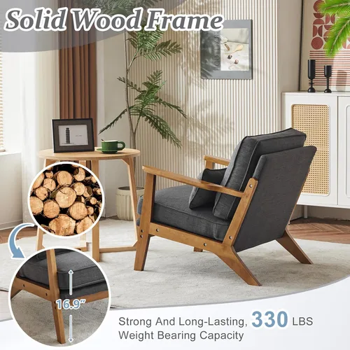 Miniatura 4 de VINGLI Juego de 2 sillas decorativas de madera maciza con reposabrazos anchos, sillas modernas tapizadas de mediados de siglo con almohada, silla