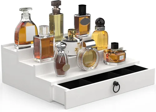 Miniatura 16 de Organizador de colonia upcessory para hombres, organizador de perfume de madera negra de 4 niveles con cajón forrado de fieltro y compartimento