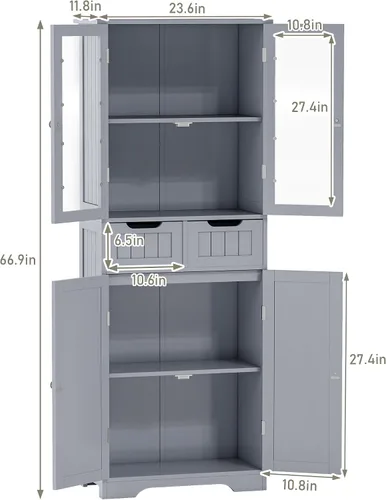 Miniatura 2 de Betterhood Armario de almacenamiento de baño de 67 pulgadas de alto, gabinete independiente con puertas y estantes de vidrio, despensa de baño