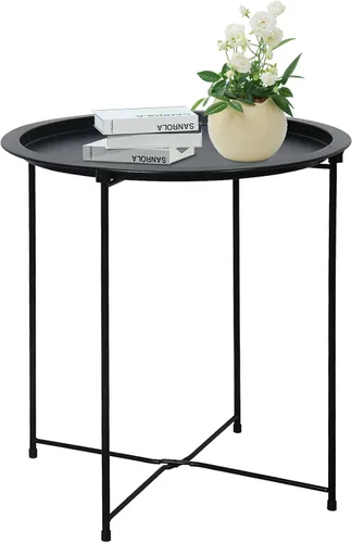 Garden 4 you - Mesa auxiliar de metal negra redonda plegable con bandeja cian, mesa auxiliar redonda, para poner al lado del sofá, mesa de