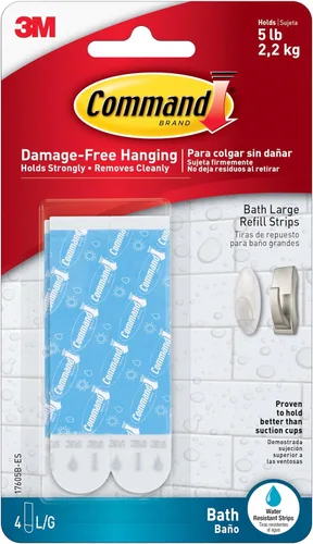 Command Tiras de repuesto adhesivas resistentes al agua de 5 lb, 4 tiras grandes, para reutilizar ganchos de baño grandes u organizadores