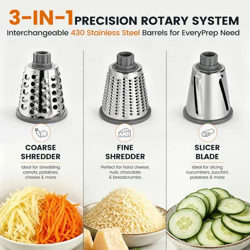 Miniatura 2 de HANSGO Rallador de queso giratorio de mano, triturador rebanador y molinillo, 3 cuchillas metálicas de gran diámetro y cepillo de limpieza, base