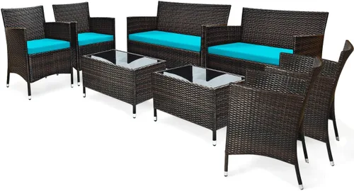 Miniatura 22 de Juego de sofá de patio de 4 piezas, juego de conversación de mimbre con respaldo ergonómico curvo, juego de muebles de ratán para patio con cojín