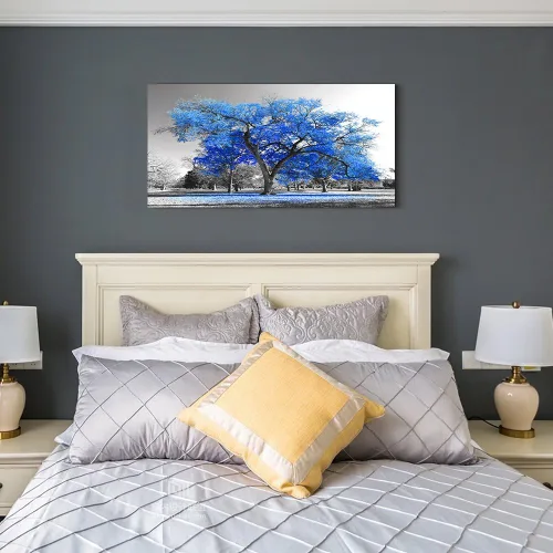 Miniatura 3 de Pintura artística contemporánea de árbol azul en estilo blanco y negro, paisaje de otoño, imagen moderna giclée, estirada y enmarcada